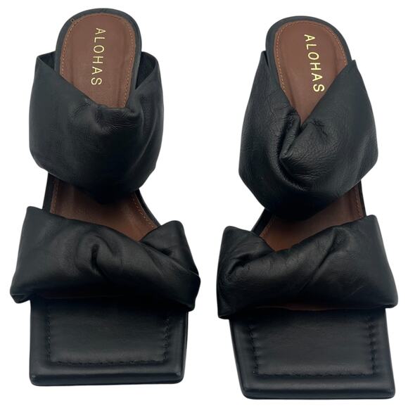 ALOHAS Shoes - Alohas Puffy Twist Strap Leather Slip On Mules Heels Sandals Black 38 / 8